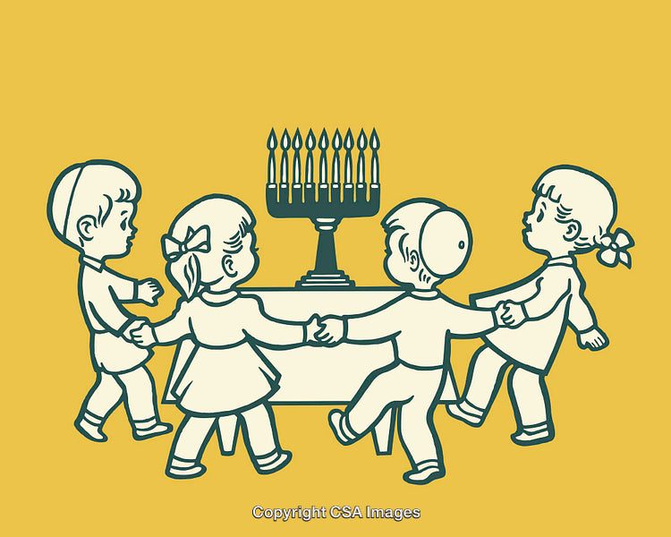 Children Celebrating Around a Menorah in a Line Art Illustration