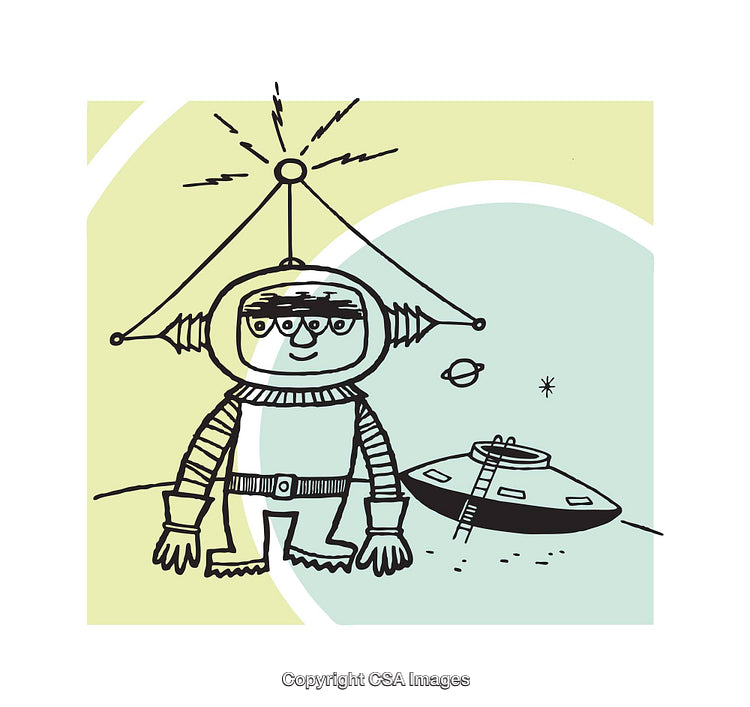 Illustration of a Cartoon Alien with UFO and Planets in the Background