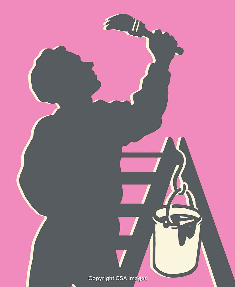 Silhouette of a Painter in Action on Ladder with Paint Can