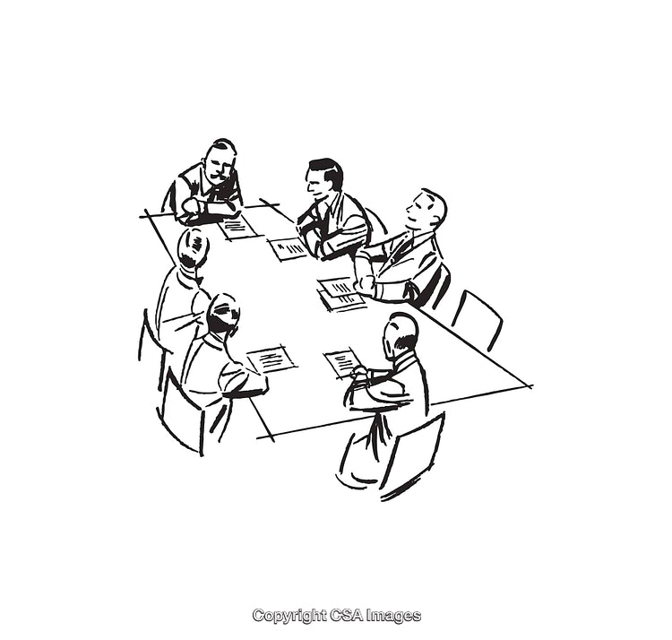 Black and White Line Art of a Business Meeting Around a Table