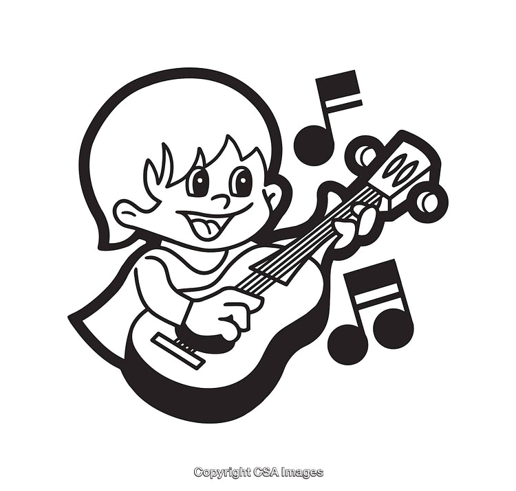 Black and White Line Art of Child Playing Guitar with Music Notes