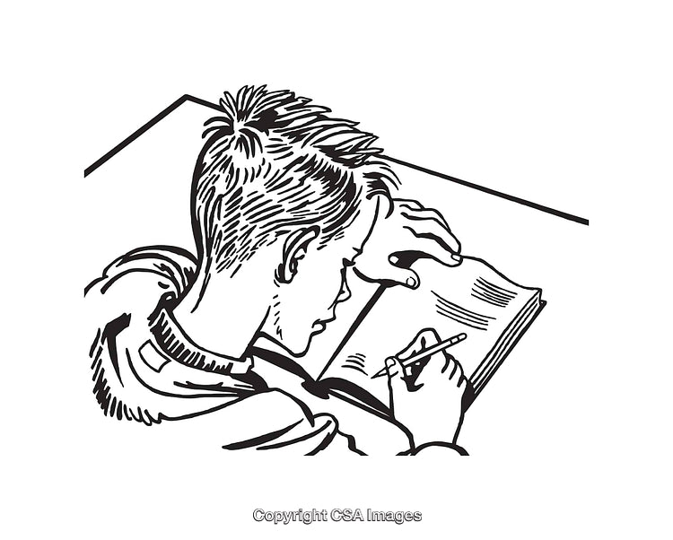 Monochrome Illustration of Student Writing in Notebook at Desk
