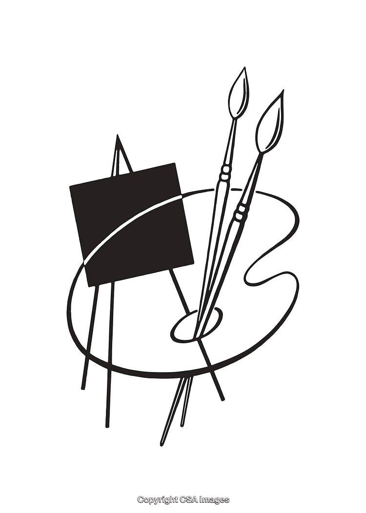 Black and White Illustration of Artist's Tools and Easel