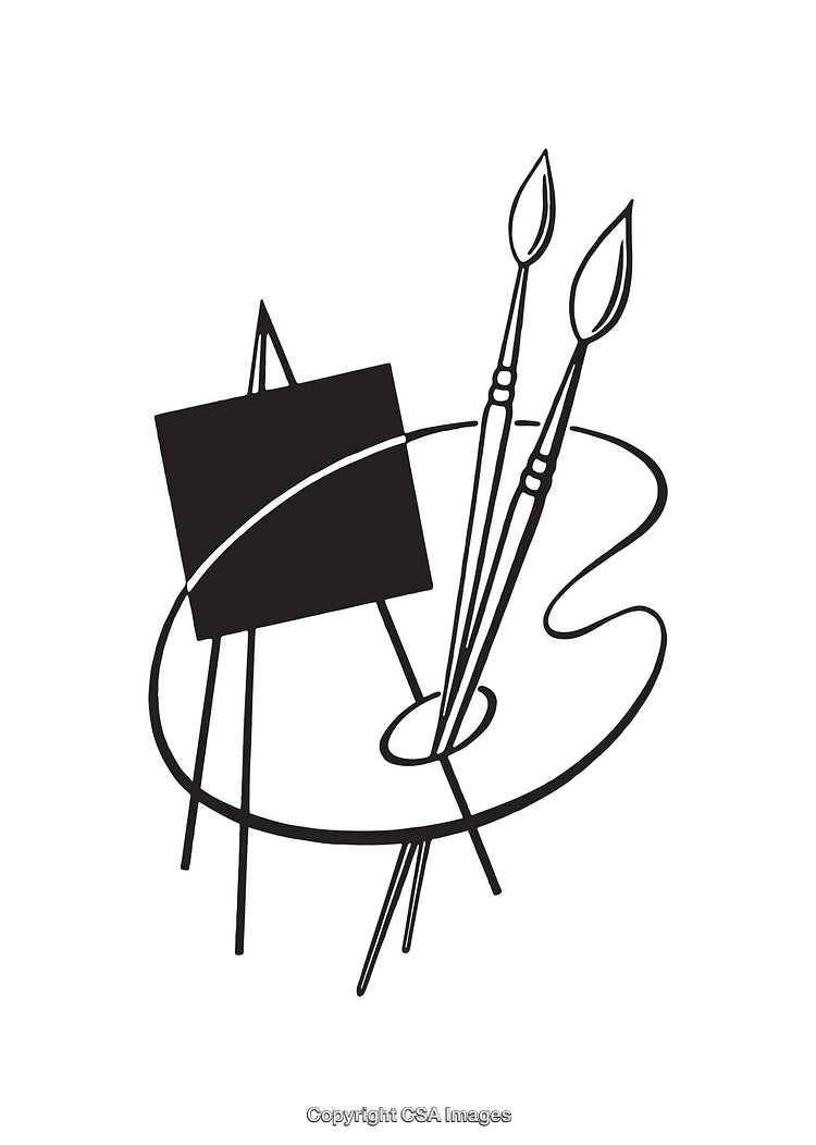 Black and White Illustration of Artist's Tools and Easel