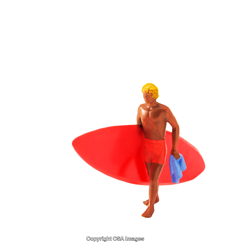 Miniature Surfer Toy Holding Surfboard with White Background