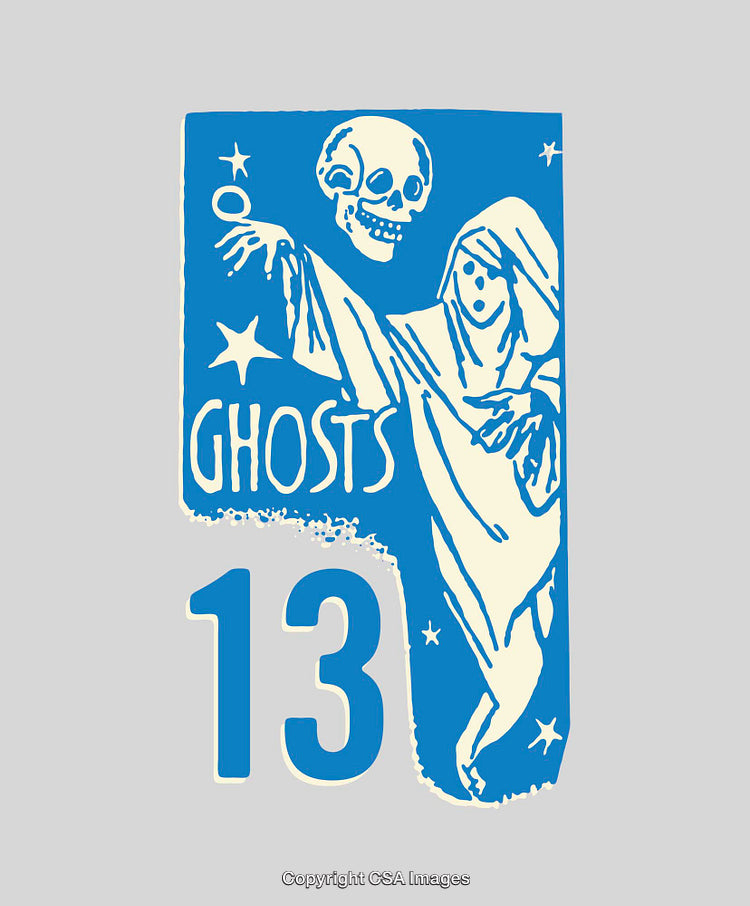 Blue Monochromatic Ghostly Scene with Skeleton and Thirteen Number Design