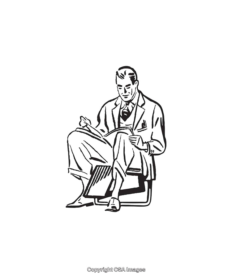 Retro Line Art Illustration of a Man Reading a Magazine in Style