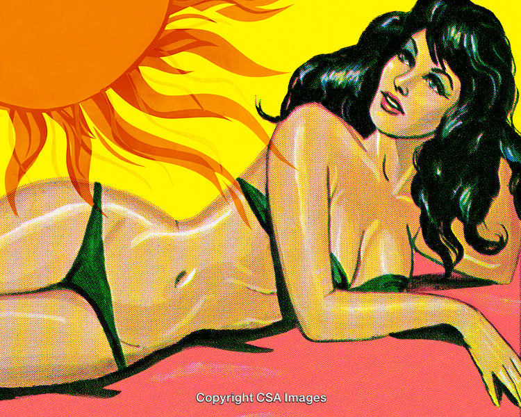 Retro Styled Illustration of a Woman Relaxing Under the Sun