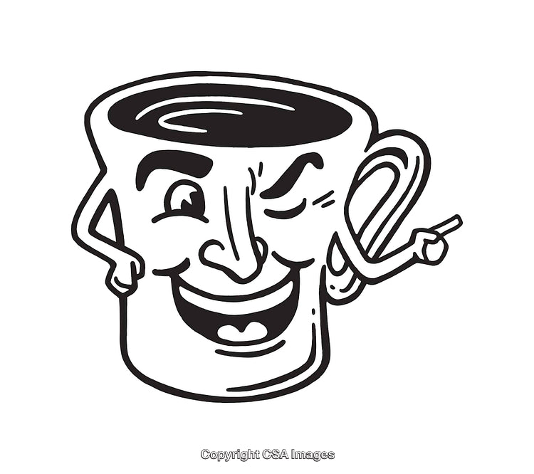 Retro Style Line Art Featuring a Smiling Animated Coffee Mug