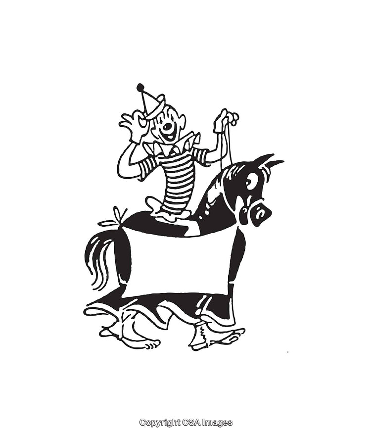 Vintage Style Black and White Cartoon of a Clown Riding a Costume Horse