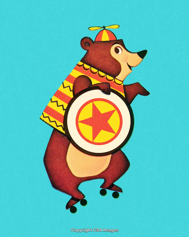 Whimsical Cartoon Bear on Skates with a Vibrant Costume and Shield