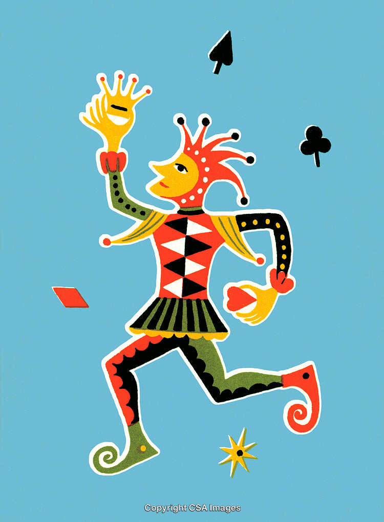 Colorful Harlequin Jester with Crown and Playing Card Symbols on Blue Background