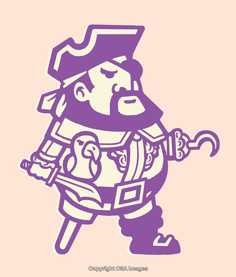 Purple Pirate Illustration Featuring Parrot, Hook, Peg Leg, and Sword
