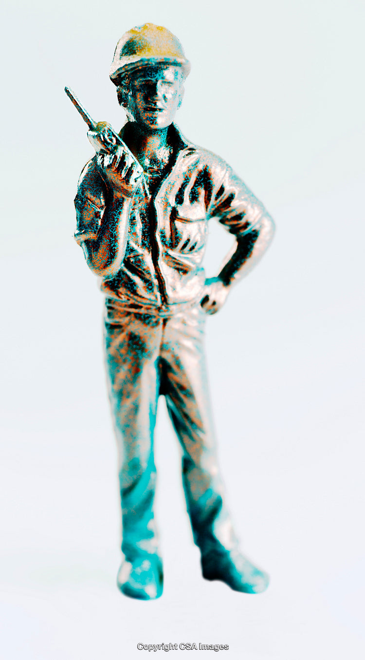 Plastic Figurine of a Worker Holding Communication Device