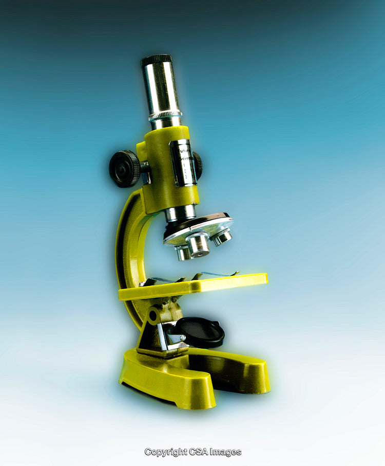 Bright Yellow Plastic Microscope on Gradient Blue Background