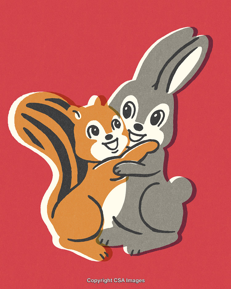 Illustration of a Bunny and Squirrel Hugging on a Red Background