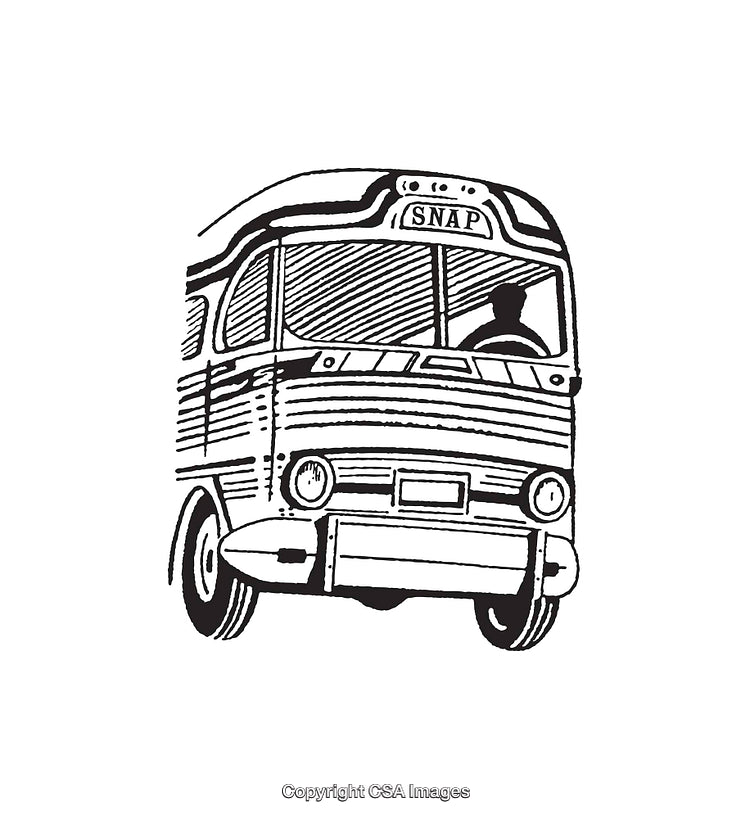 Detailed Black And White Line Art of a Vintage Bus Illustration