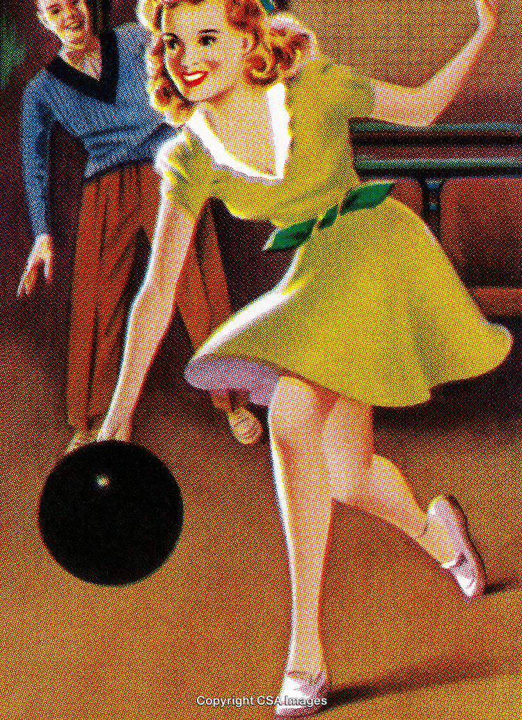 Vintage Art of Retro Woman Bowling in Dynamic Action Pose