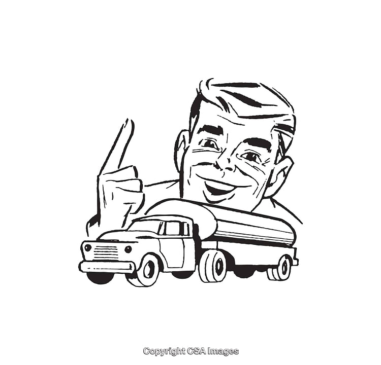 Retro Black and White Line Art of a Man and Truck