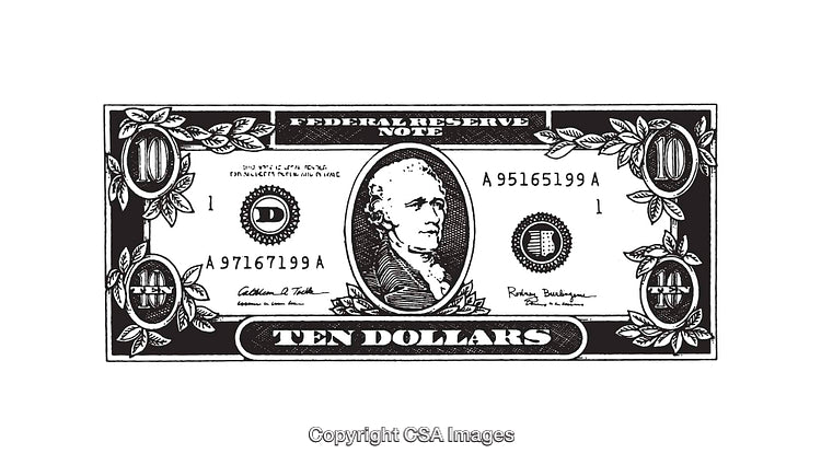 Black and White Line Art of a Ten Dollar Bill Illustration