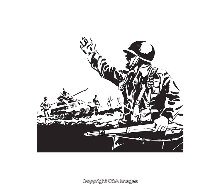 Black and White Line Art of Soldiers and Tanks in Battle