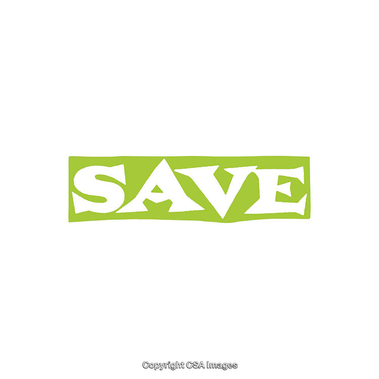 Bold Green Word Save in Artistic Lettering on White