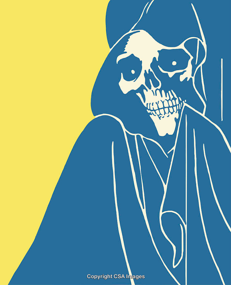 Stylized Grim Reaper Illustration in Bold Colorblock Style