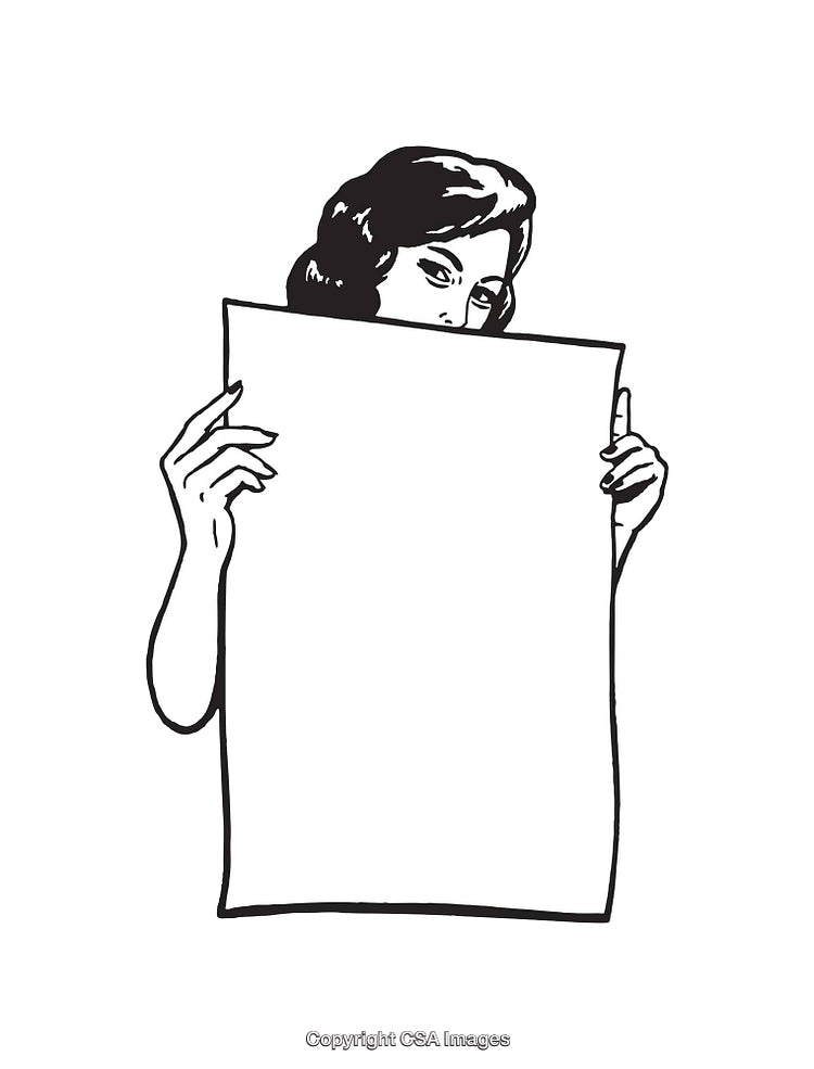 Vintage Line Art Illustration of Woman Holding a Blank Sign Poster
