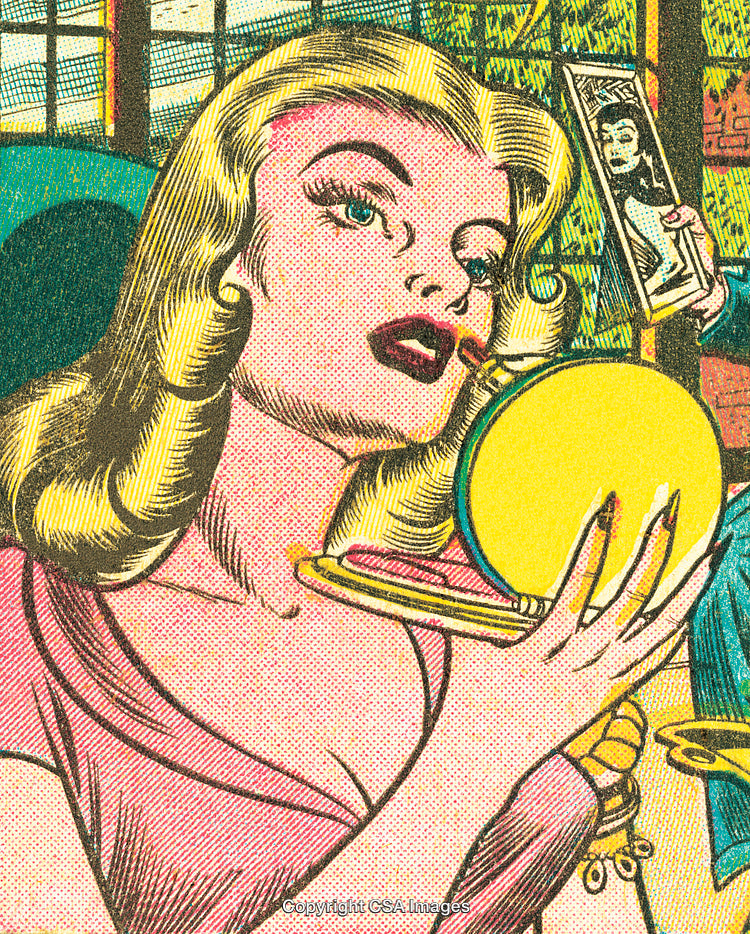 Vintage Pop Art Illustration of Glamorous Woman Applying Lipstick