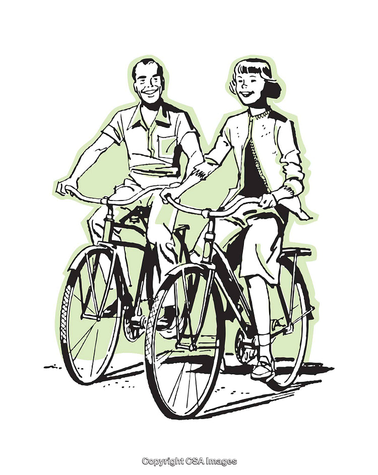 Retro Style Illustration of a Smiling Couple Riding Bicycles Together