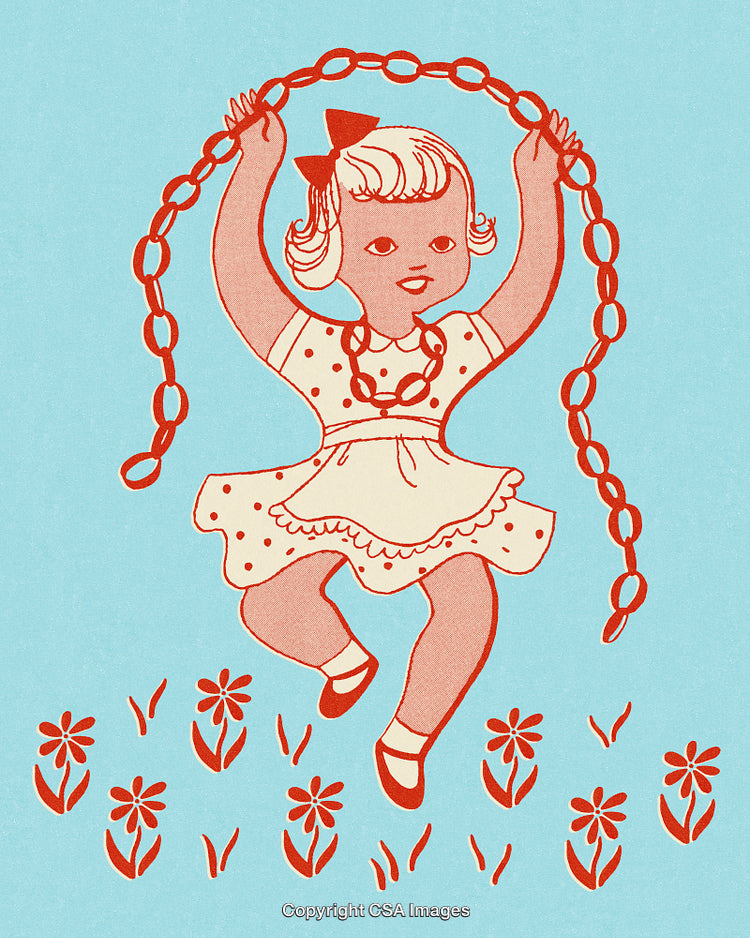 Charming Vintage Illustration of a Girl Jumping Rope with Flowers