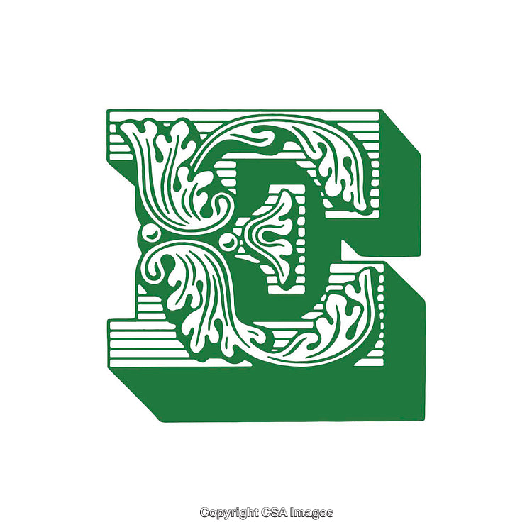 Intricate Decorative Letter E with Ornamental Floral Patterns in Green and White