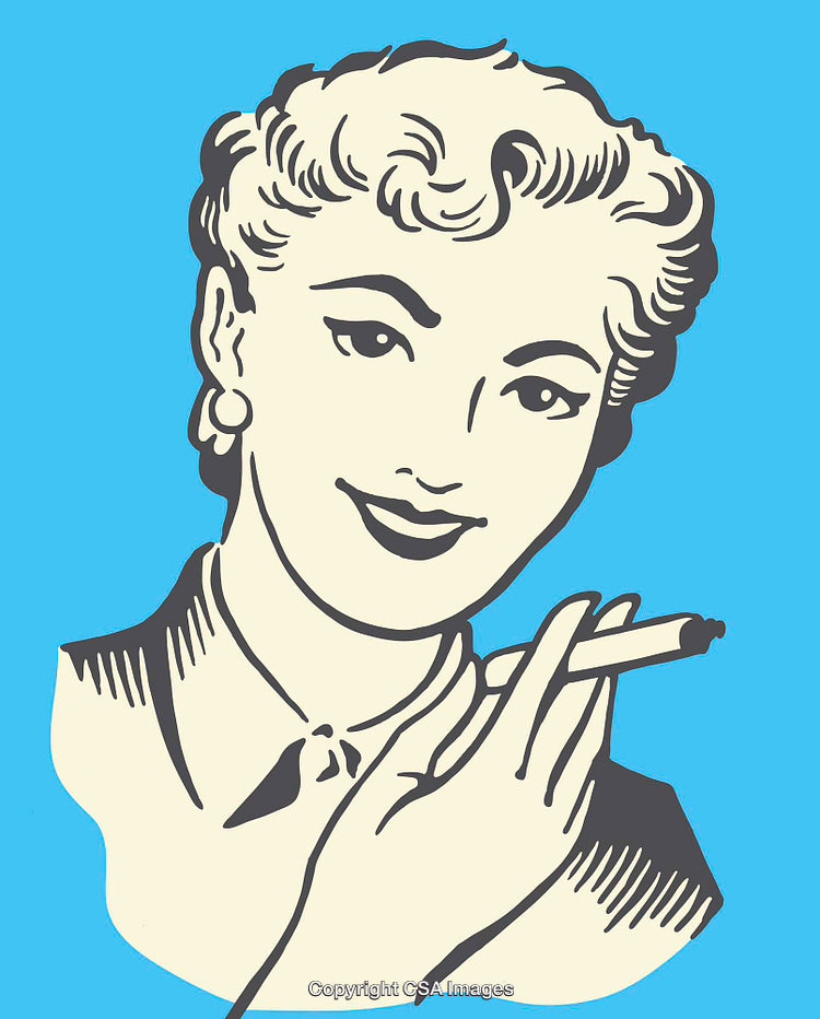 Vintage Illustration of a Woman Holding a Cigarette on a Blue Background