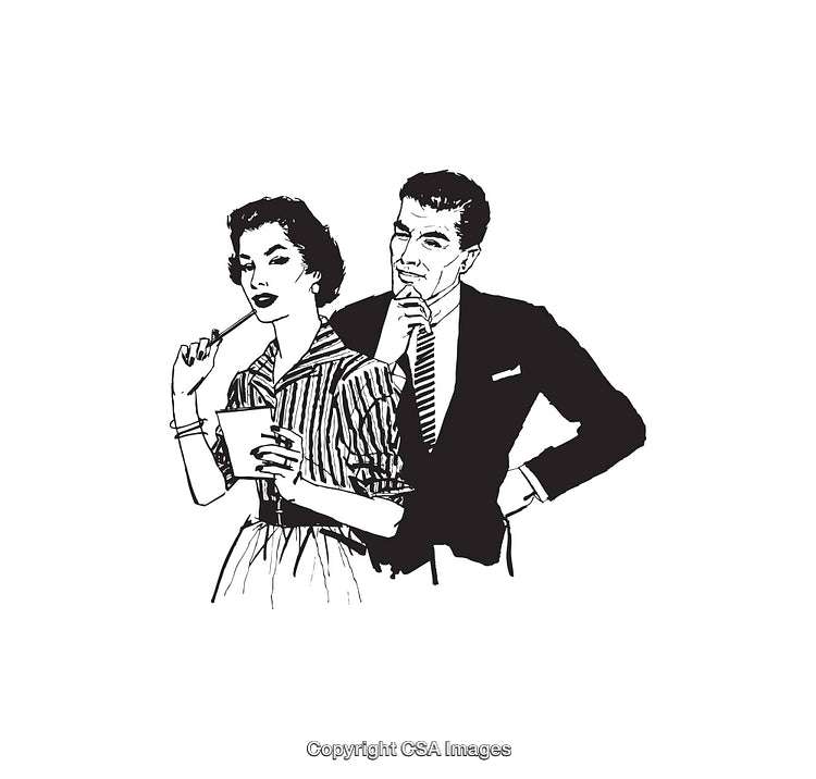 Retro Illustration of a Thoughtful Couple in Classic Attire