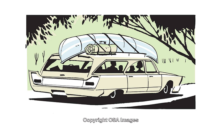 Cartoon Illustration of a Family Road Trip With Canoe on the Car Roof