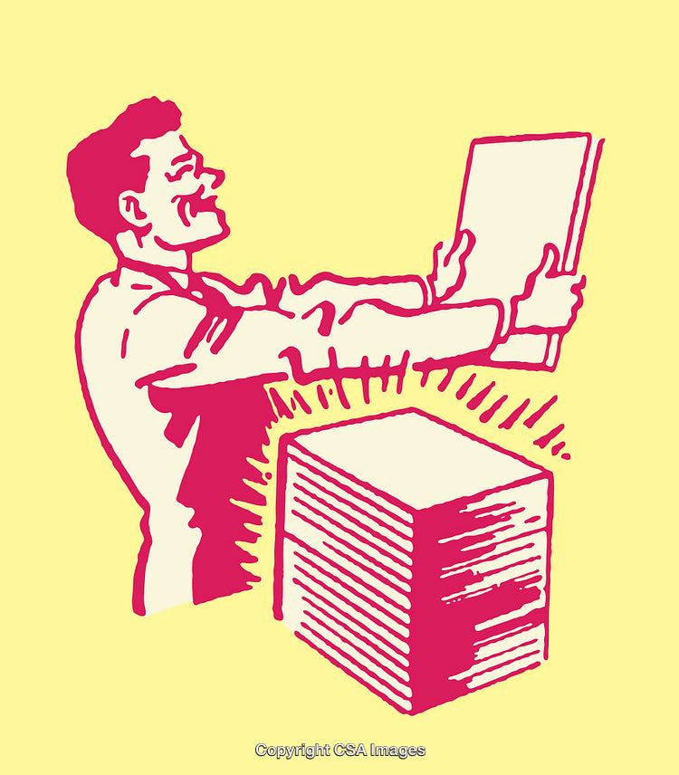 Retro Style Drawing of Happy Man with Papers on Stack