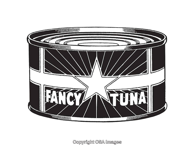 Black and White Illustration of a Fancy Tuna Can with Star Design