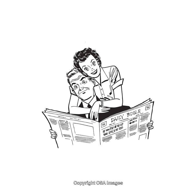 Retro Black and White Couple Reading a Newspaper Illustration