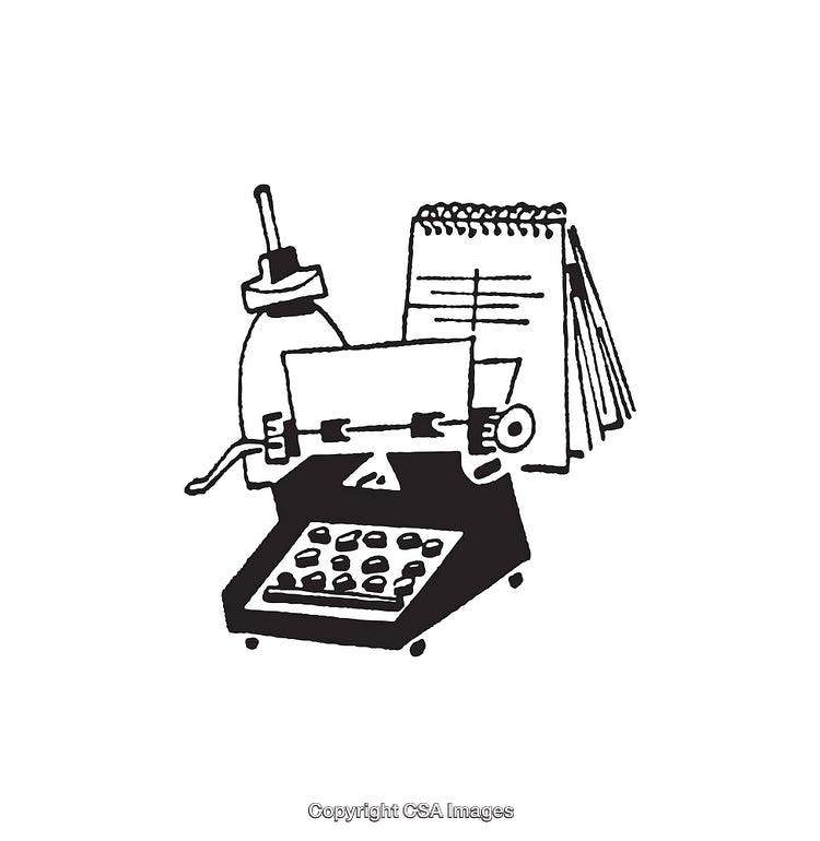 Vintage Black and White Line Art of Office Supplies and Typewriter