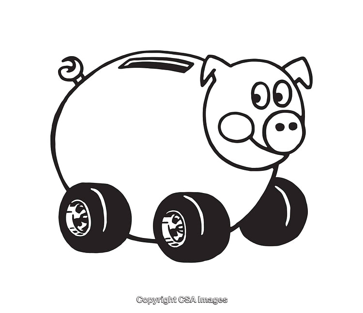 Black and White Line Art of a Piggy Bank on Wheels