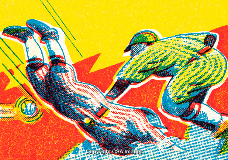 Vintage Style Baseball Illustration with Dynamic Action and Vibrant Colors
