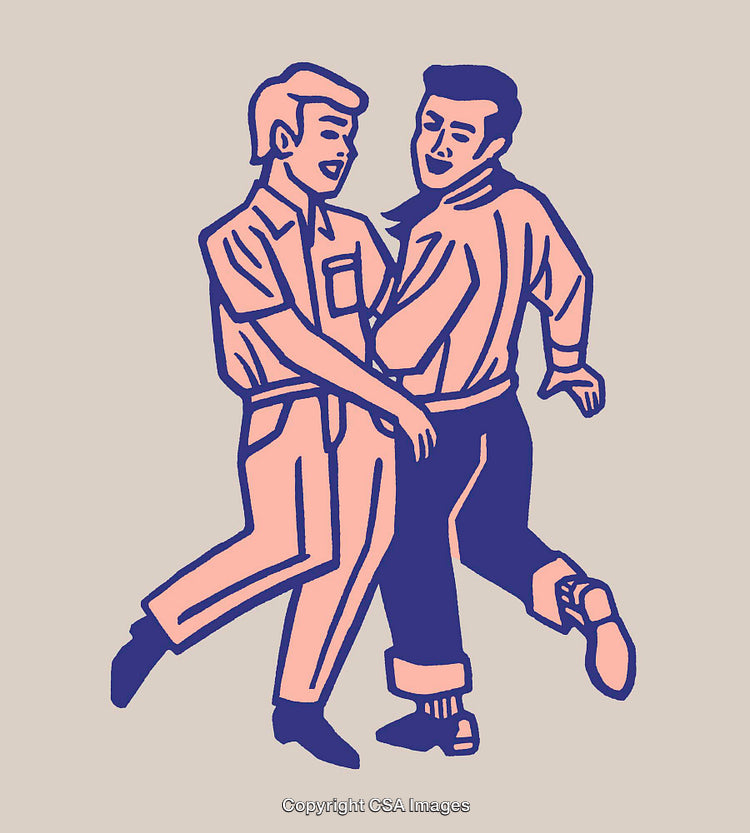 Vintage Styled Line Art of Two Friends Dancing Together
