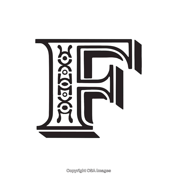 Intricate Black and White Decorative Letter 'F' on a White Background
