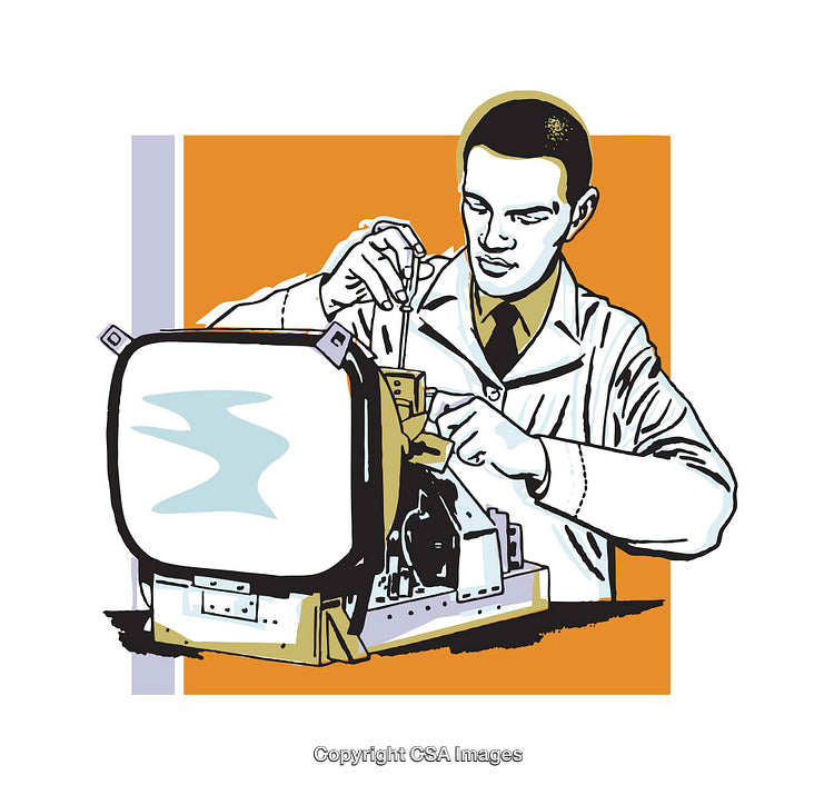 Technician Working on an Equipment in Retro Style Illustration
