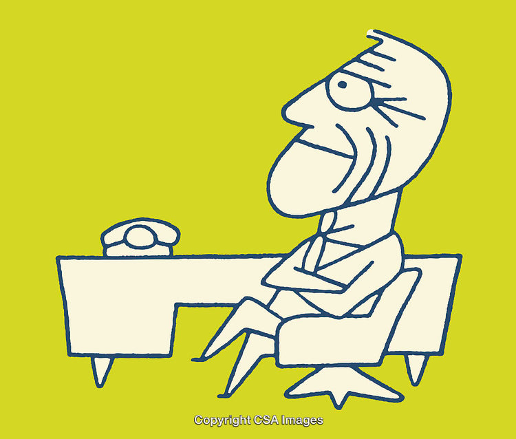 Abstract Line Art of Businessperson Sitting at a Desk in Bold Colors