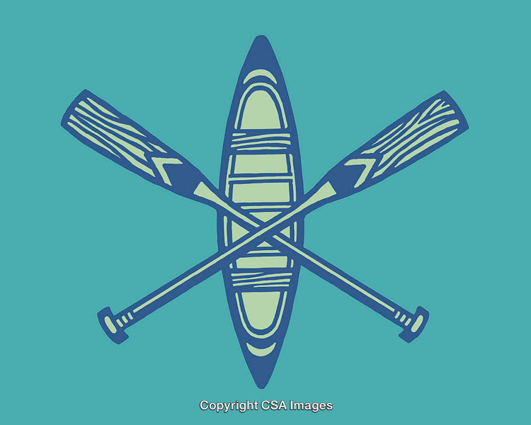 Colorful Canoe Illustration with Crossed Paddles on Blue Background