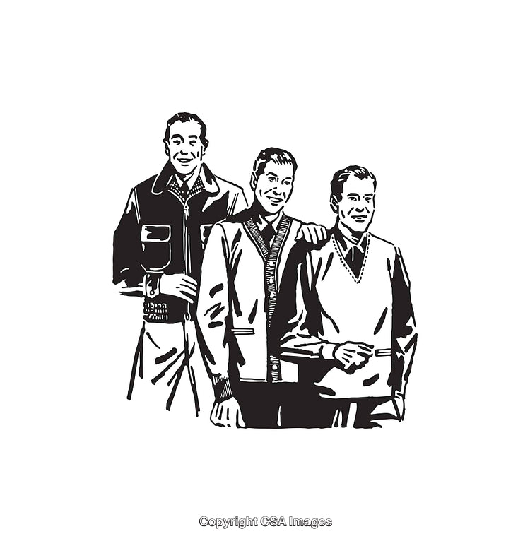 Retro Black and White Line Art of Three Friends Smiling Together