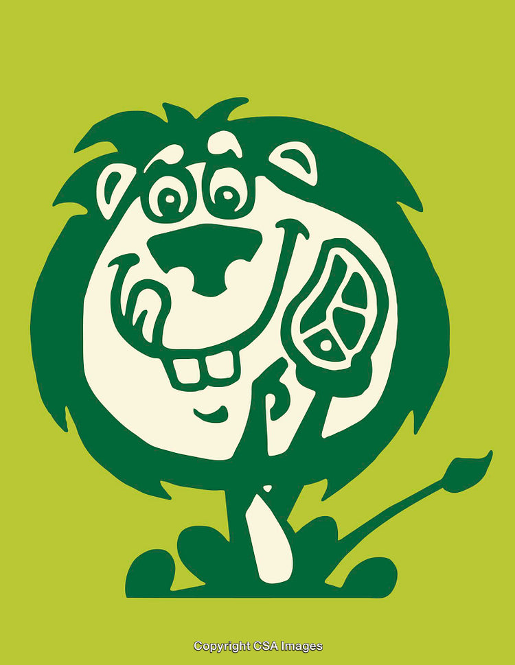 Cheerful Cartoon Lion with Steak Illustration on Green Background