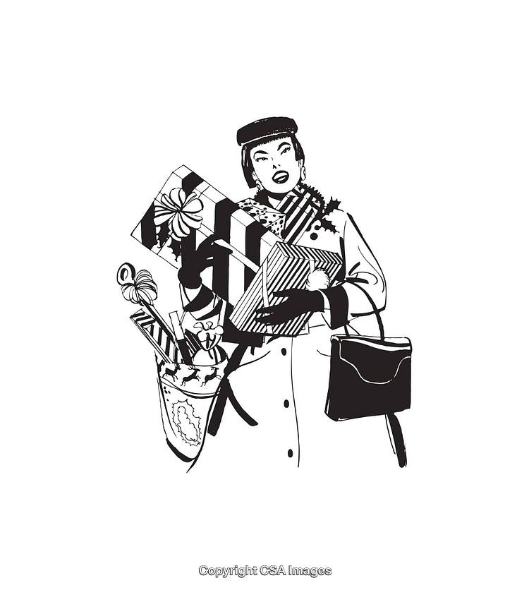 Stylish Woman Carrying Multiple Gift Boxes in Black and White Illustration