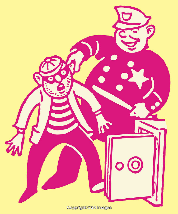 Humorous Illustration of Policeman Arresting a Burglar Next to a Safe